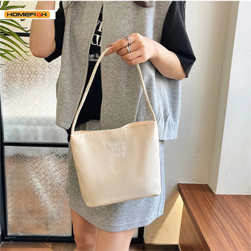 Embroidered Nylon Bucket Bag, Japanese Style Commuter Single Shoulder Bag, Fashion Spring Summer Small Square Handbag for Women