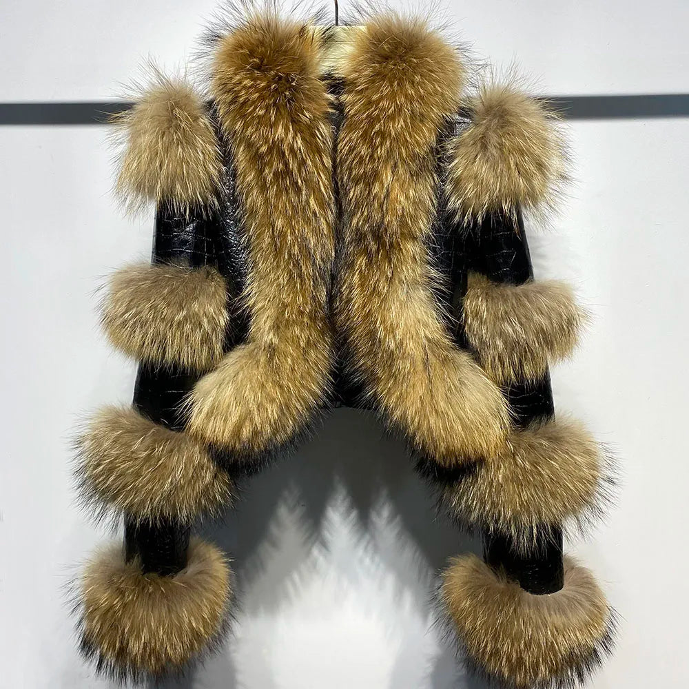 YOLOAgain Women's Natural Fox Fur Jacket Real Leather Cropped Jacket Streetwear