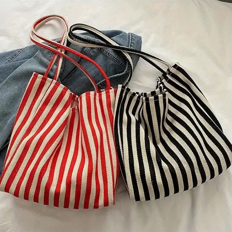 Large Capacity Korean Style Stripe Canvas Tote Bag Female Casual Simple Shoulder Bags Shopping Handbag Daily Totes Bag