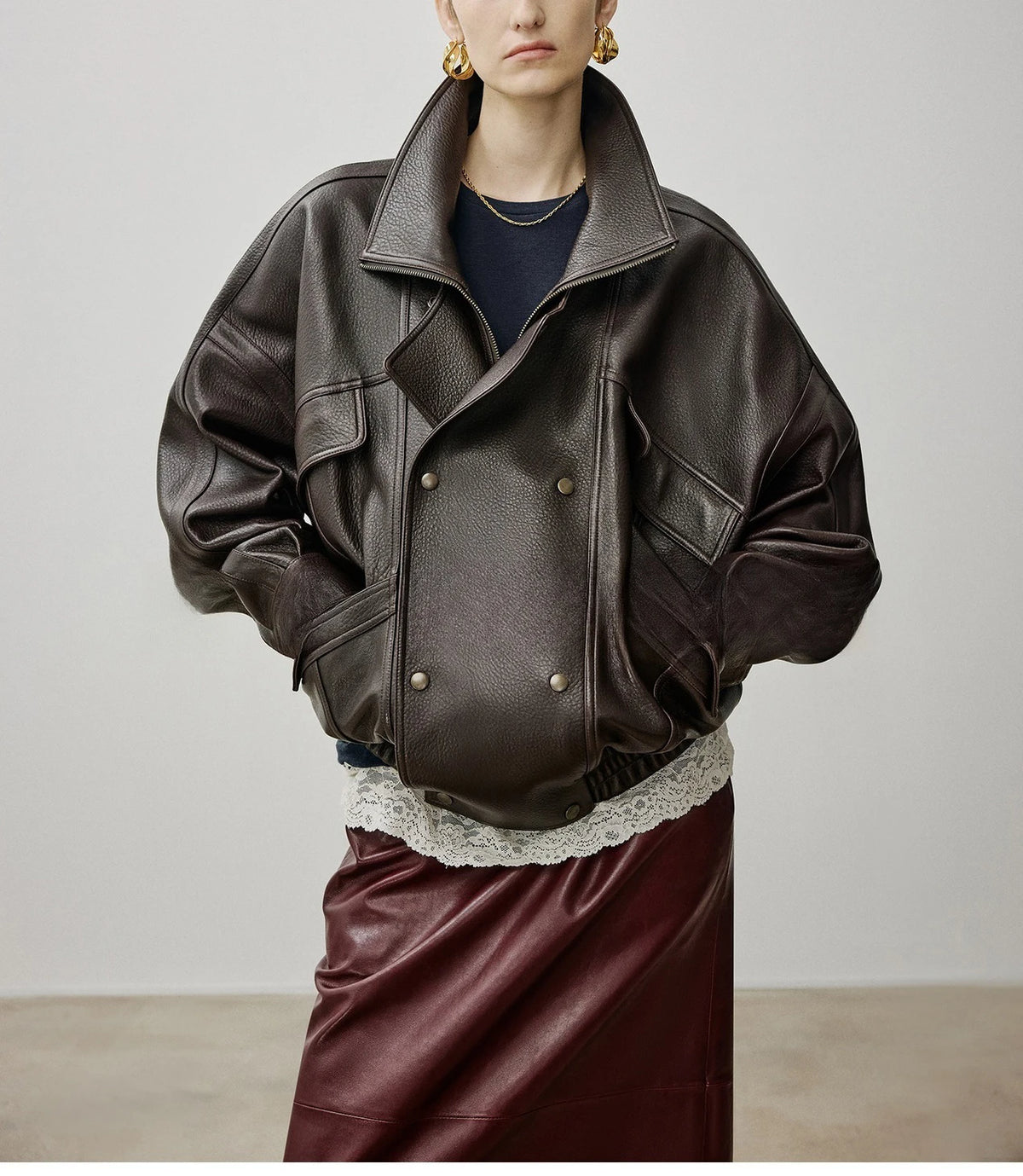 Brown Sheepskin Bubble Skin Coat Female Retro Double Layer Collar Double Breasted Zipper Loose Leather Jacket Winter Outerwear