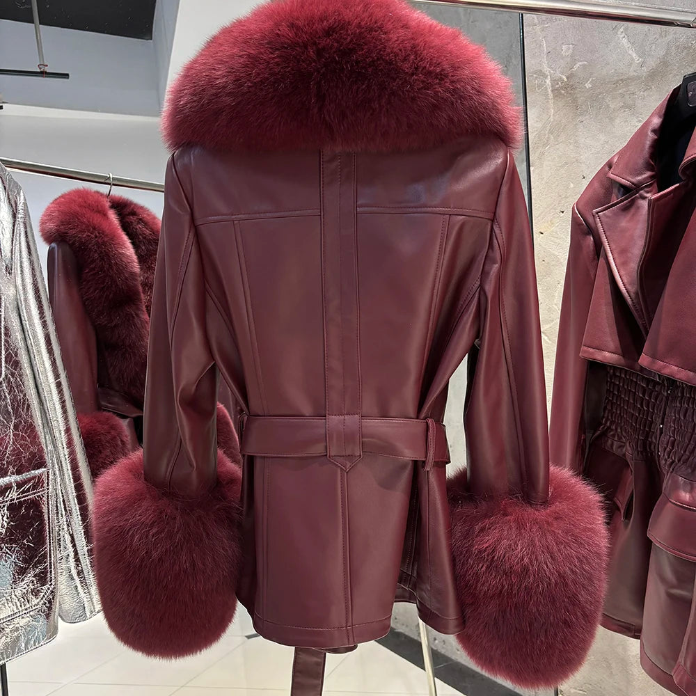 YOLOAgain Women's Real Fox Fur Collar Sheepskin Leather Jacket Coat Autumn 2025