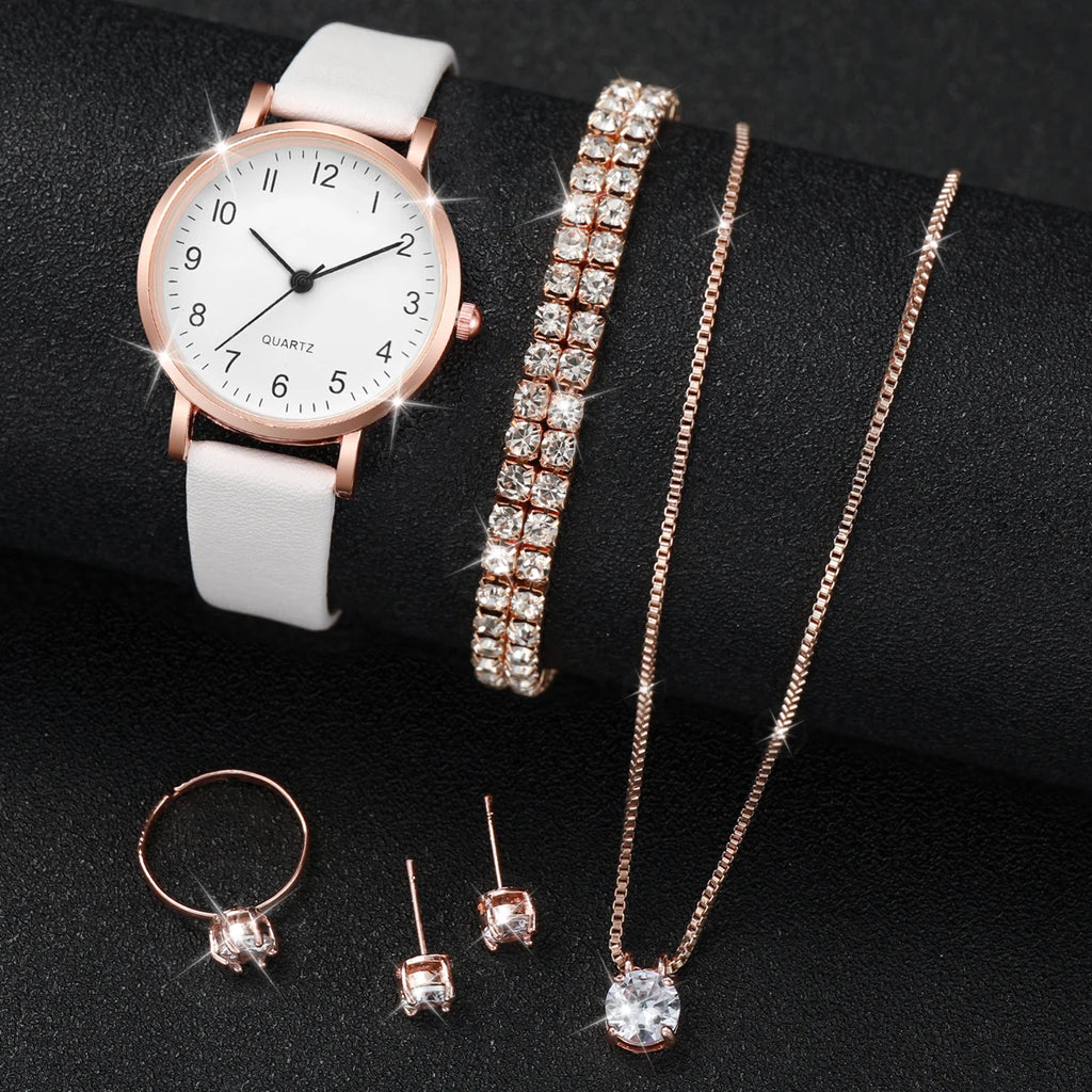 5/6PCS Fashion Women's Quartz Watch Leather Band Analog Quartz Watches with Diamond Jewelry (Without Box)