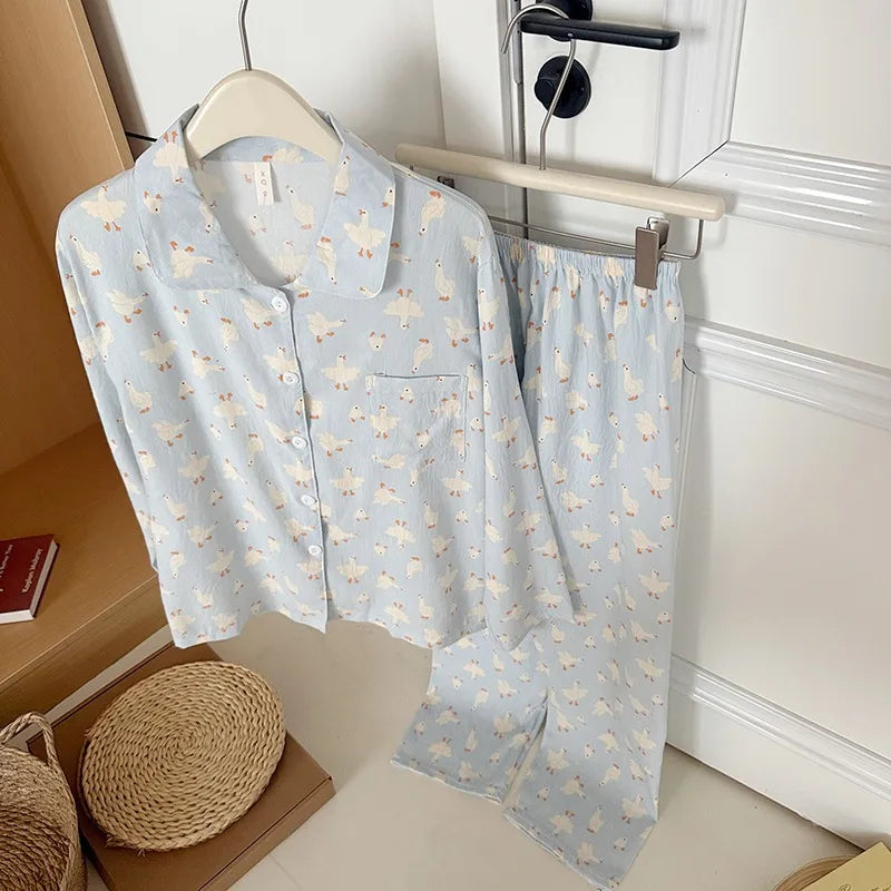 Sweet Cute Goose Print Korean Fashion Women's Pajamas Nightwear Kawaii Casual Lapel Neck Y2K Pajamas Set Autumn New Loungewear