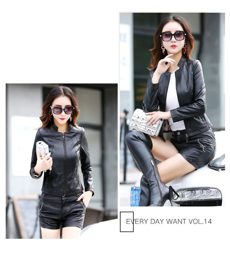New Women Spring Autumn Leather Jacket Fashion Small Stand Collar Long Sleeve Slim Sheepskin Jacket Split Leather Short Coat
