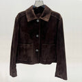 European Imported Kid Suede Leather Jacket for Woman High Grade Turn Down Collar Pocket Short Cropped Coat Long Sleeve Top Mujer