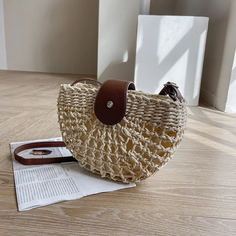 Summer Straw Bag For Women Fashion Semicircle Crossbody Bags Rattan Handmade Messenger Handbag Travel Beach Bags Tote