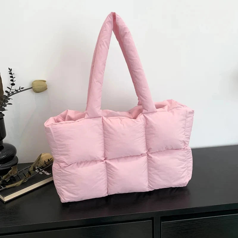 Quilted Plaid Bag Women Tote Handbags Retro Trendy Checkered Waterproof Shoulder Bag Solid Color Winter Soft Large Capacity Bags