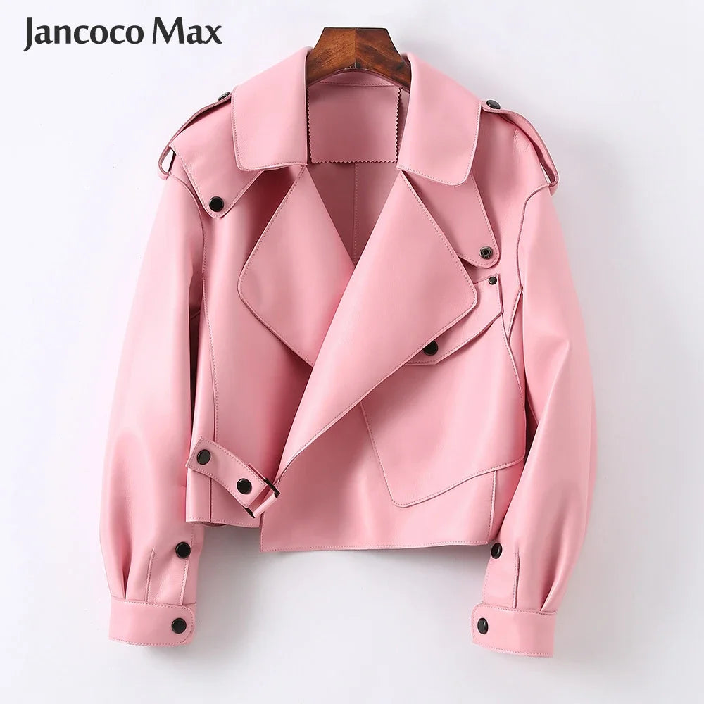 Sheepskin Coat For Women Leather Jacket Winter Spring Moto Biker Genuine Top Quality Black S7547