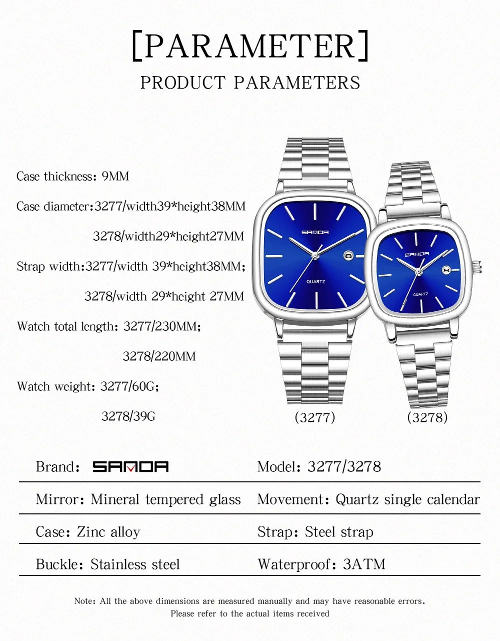Sanda 2026 Couple Quartz Watch Men's and Women's Square Watch 3ATM Waterproof Calendar Simple and Elegant Women's Watch 3278