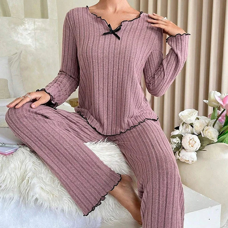 Women Ribbed Pajama Set V Neck Bow Long Sleeve Pants Soft Loungewear Two Piece Sleep Suit Daily Home Bedroom Casual Night Wear