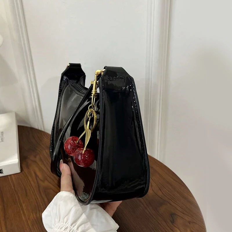Women's PU Leather Handbag Versatile Fashion Solid Color Cherry Pendant Shoulder Bag Casual Commuting Bag Underarm Bag