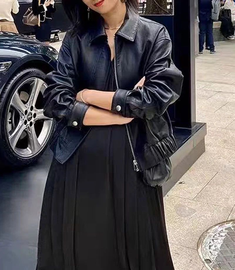 Genuine Leather Jacket for Women Sheepskin Leather Short Coat Female Collar Cropped Veste Woman Clothing Basic Daily Outfit