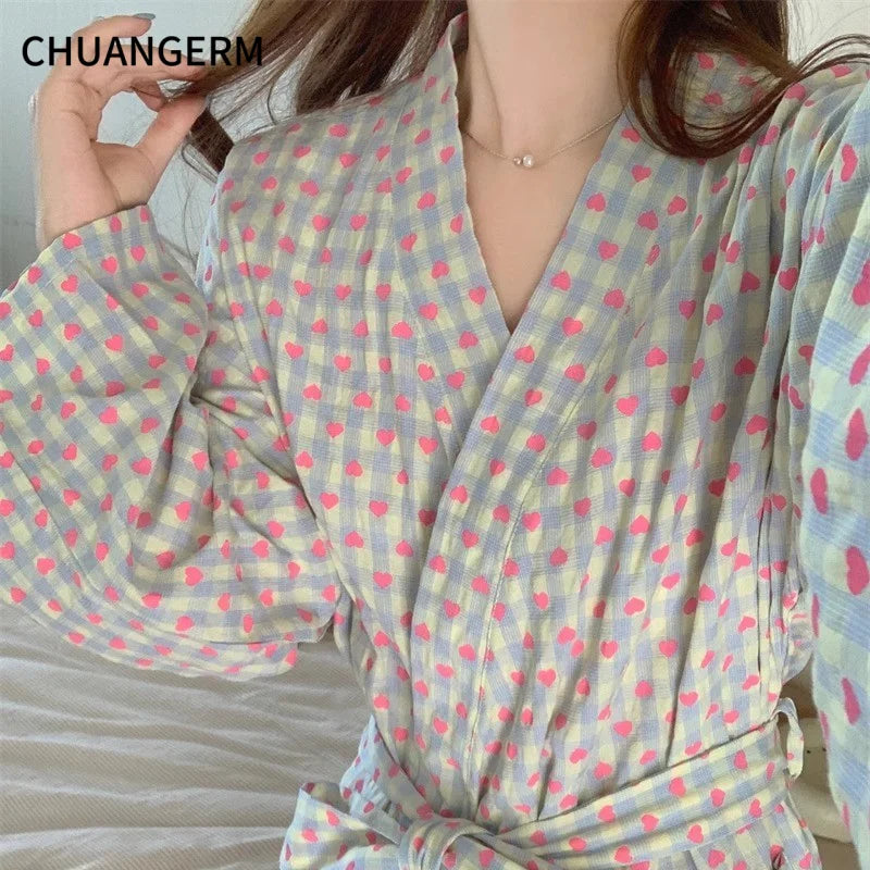 CHUANGERM Women Sweet Plaid Long Sleeve V‑Neck Lace Up Loose Medium‑Long Robe Comfortable Sexy Home Wear Loungewear