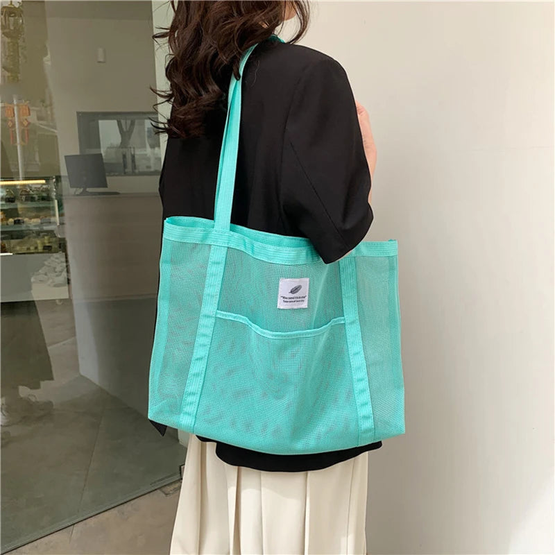 Women Transparent Mesh Shoulder Bag Fashionable Portable Shopping Travel Beach Mesh Net Tote Handbag