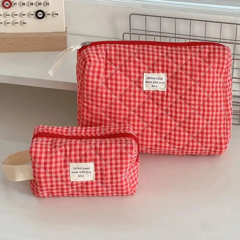 Women Large Capacity Checkered Cosmetic Bag Girls Cotton  Skincare Brushes Storage Bag Portable Travel Toiletry Bag Makeup Bag