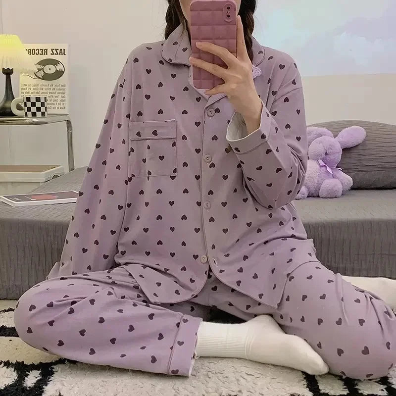 Spring and autumn new ladies' Korean pajamas home wear set for girls and students long-sleeved pajamas