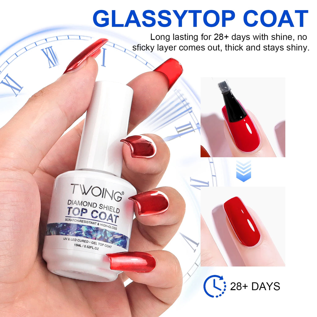 TWOING 15ml New Super Shine Top Coat Gel Nail Polish Diamond Topcoat No Wipe Sealer Gel Finish Manicure Nail Art Salon Quality