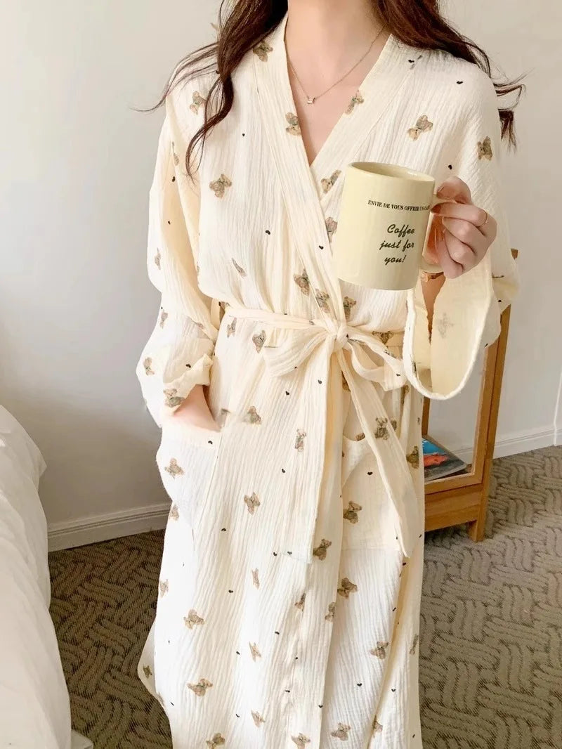 Women Bathing Robe Cartoon Cute Bear Print Bathrobe Nightgown Cardigan Long Sleeve Nightdress Plus Size Loungewear Nightgown Ro