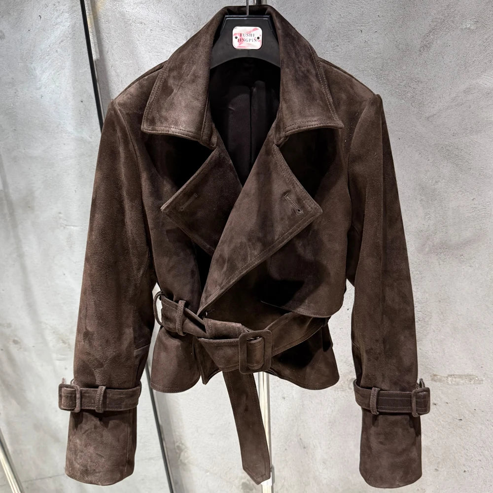 Croc Pattern Real Leather Jacket Autumn Outerwear For Female Cropped Belted Real Sheepskin Jacket