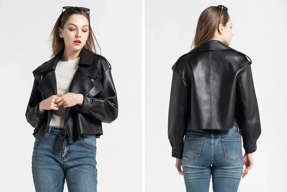 Sheepskin Coat For Women Leather Jacket Winter Spring Moto Biker Genuine Top Quality Black S7547