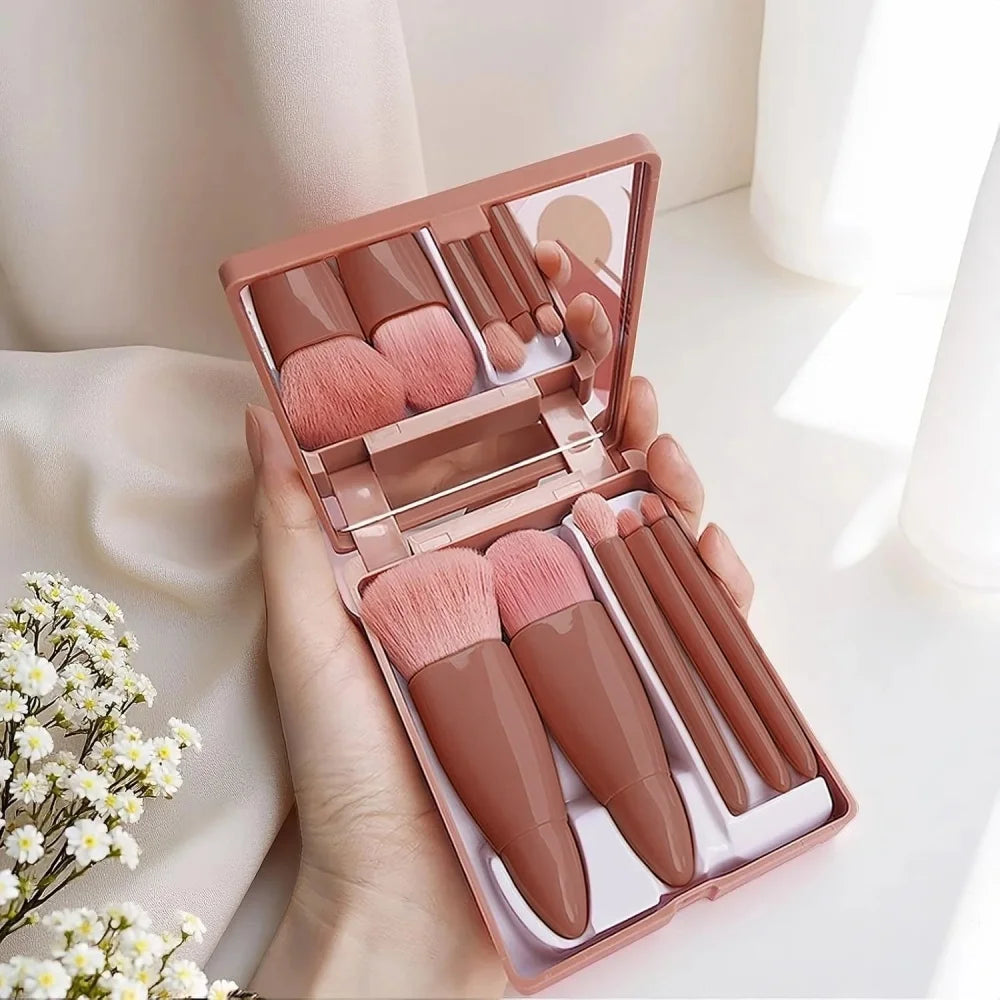 Cosmetic Brush 5PCS Portable Makeup Brush Travel with Mirror Box Makeup Set Brush Loose Powder Brush Blush Brush Eyeshadow Brush