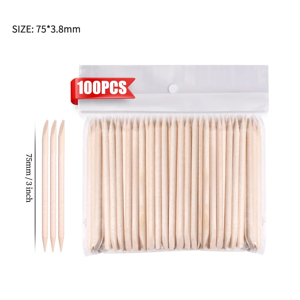 100PCS Cuticle Pusher Remover Nail Art Tools Beechwood Stick Sticks Rhinestones Picker Bead Pusher Manicure Pedicure Care