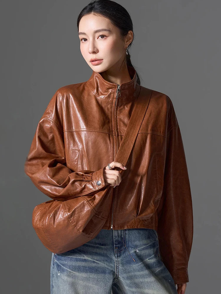 Women Spring Black Genuine Sheepskin Leather Short Jacket Coat Autumn Real Leather Jacket