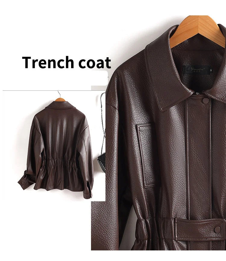 New Women Split Leather Jacket Spring Autumn Fashion Turn-down Collar Stretch Adjustable Waist Short Coat Casual Leather Jacket