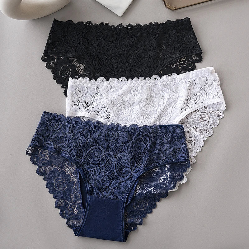 3PCS/Set Luxury Floral Embroidery Lace Panties Women Briefs Sexy Hollow Lingerie Female Underwear Ladies Breathable Underpants