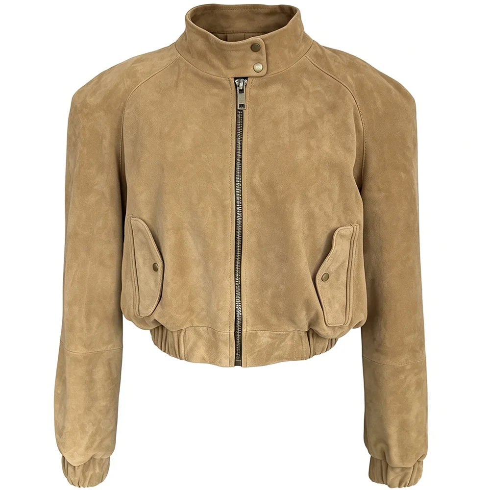 YOLOAgain Suede Leather Jacket Coat Women Real Leather Cropped Jacket Bomber Jacket