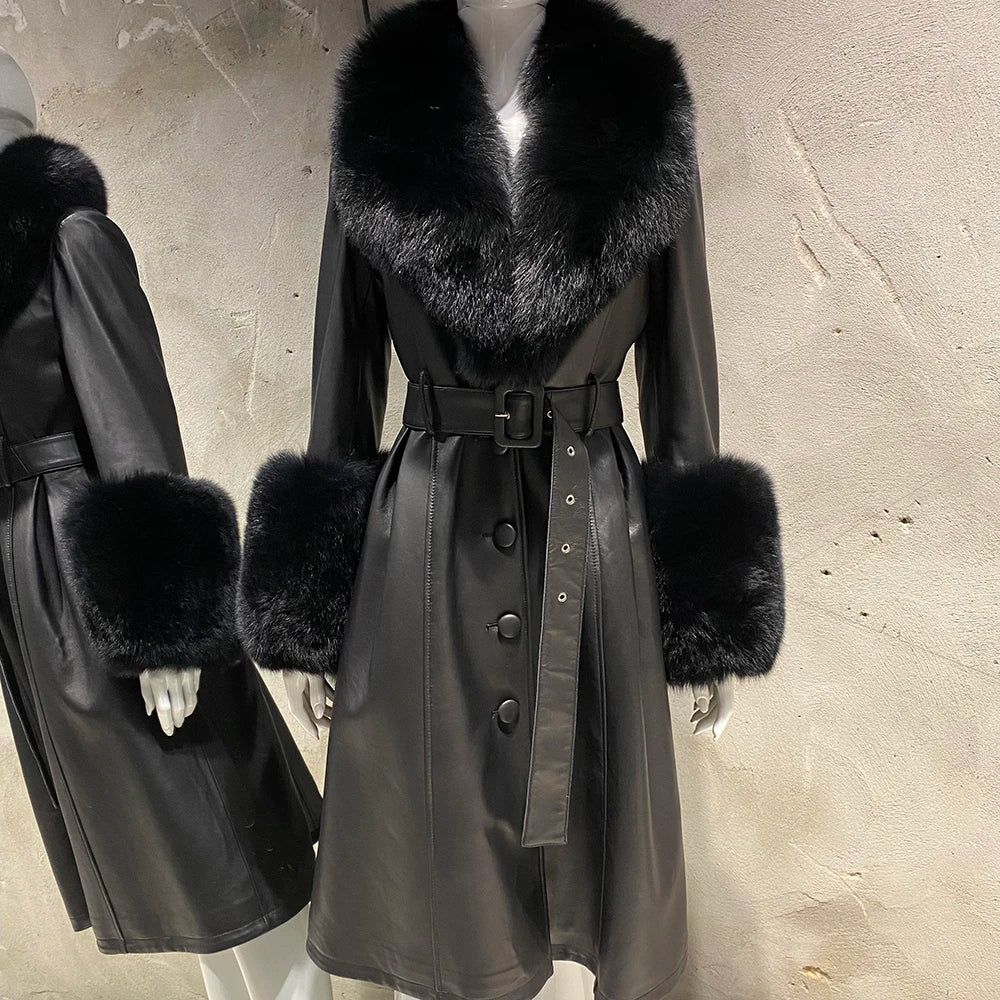 YOLOAgain Burgundy Real Fox Fur Collar Leather Trench Coat Women Genuine Leather Jacket Long Female