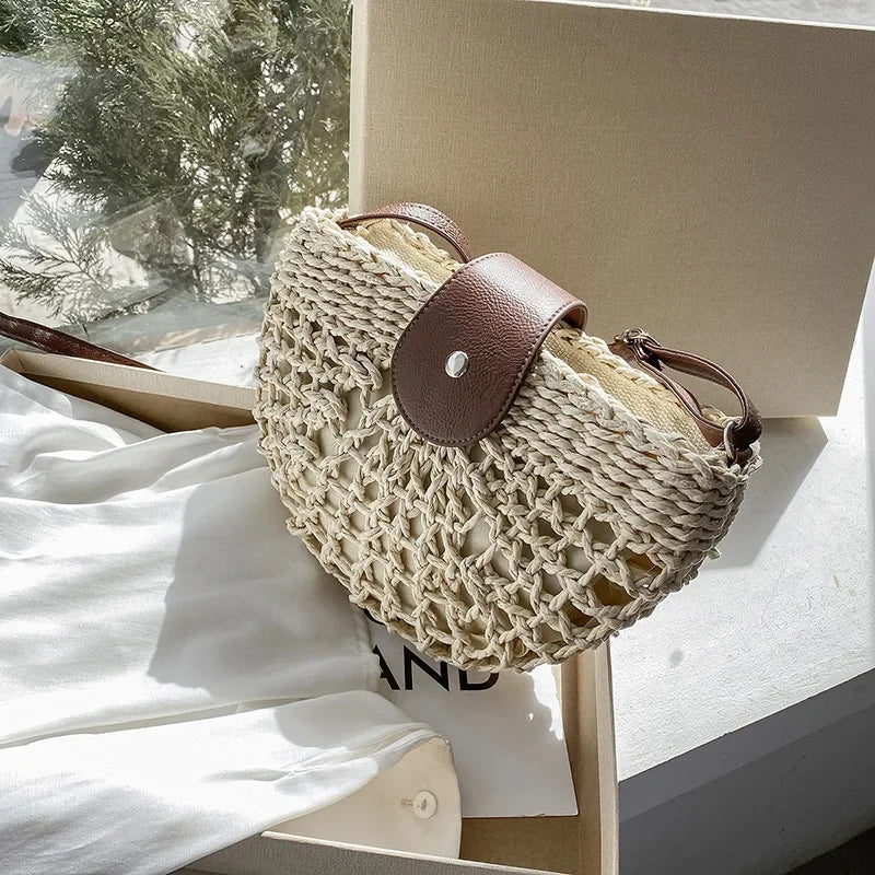 Summer Straw Bag For Women Fashion Semicircle Crossbody Bags Rattan Handmade Messenger Handbag Travel Beach Bags Tote