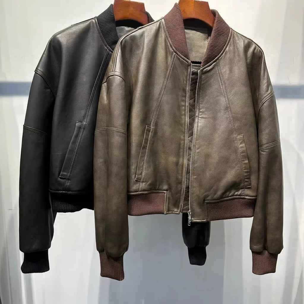 Leather Cropped Bomber Jacket For Women 2025 Winter European Old Money Designer Female Distressed Sheepskin Short Coat Outwear