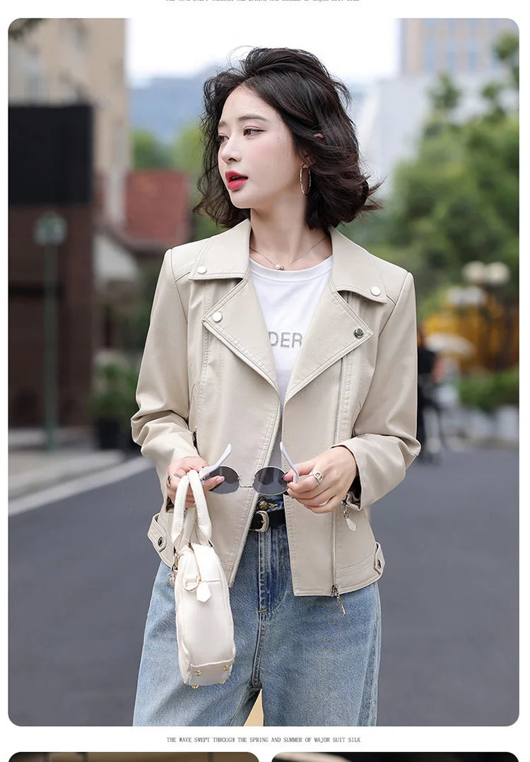 New Women Spring Autumn Leather Jacket Fashion Suit Collar Long Sleeve Motorcycle Jacket Casual Short Biker Coat Split Leather