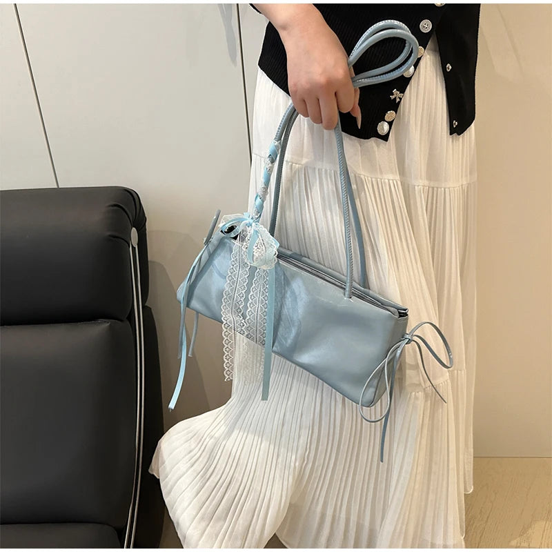 French Elegant Square Bag Korean Bow Decoration Pu High-quality Bag Niche Simple Ballet Style Shoulder Bag New Casual Women Bags
