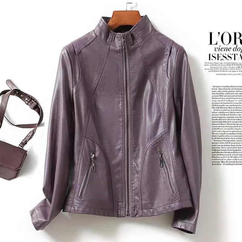 New Sheep Leather Jacket Women Spring Autumn 2026 Casual Fashion Motorcycle Jackets Female Streetwear Slim Chic Short Coat