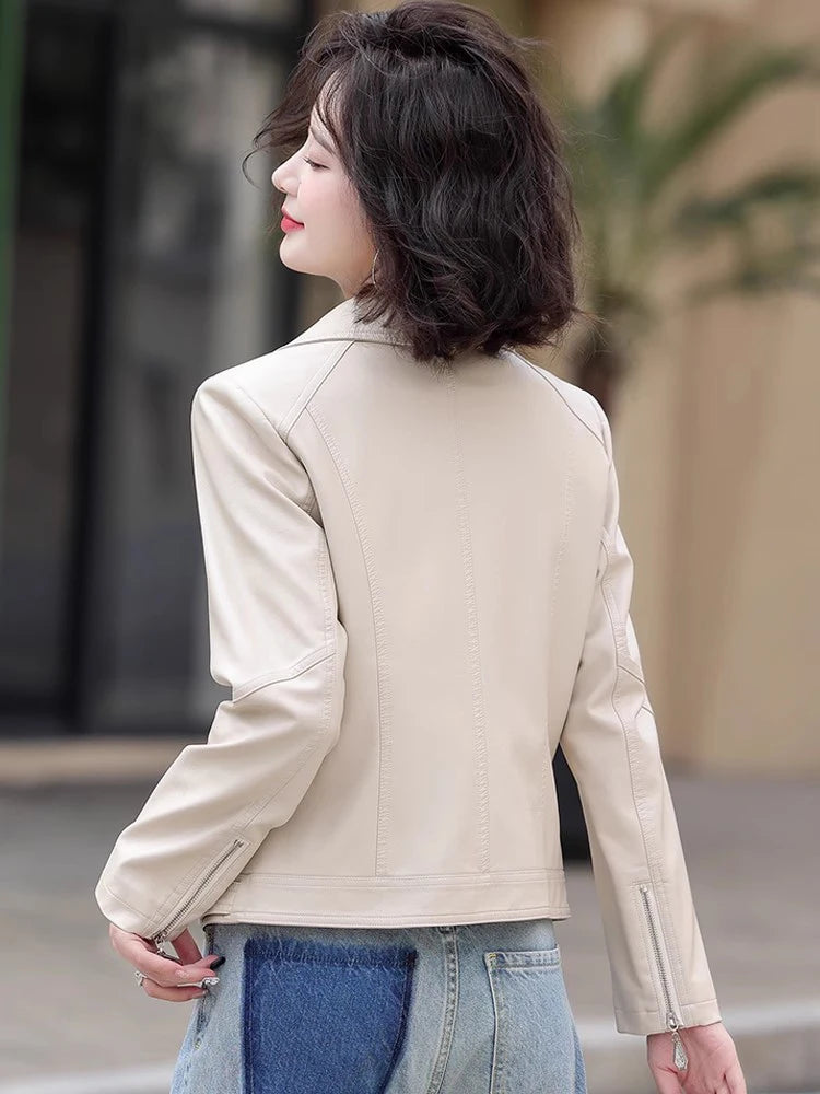 New Women Spring Autumn Leather Jacket Fashion Suit Collar Long Sleeve Motorcycle Jacket Casual Short Biker Coat Split Leather