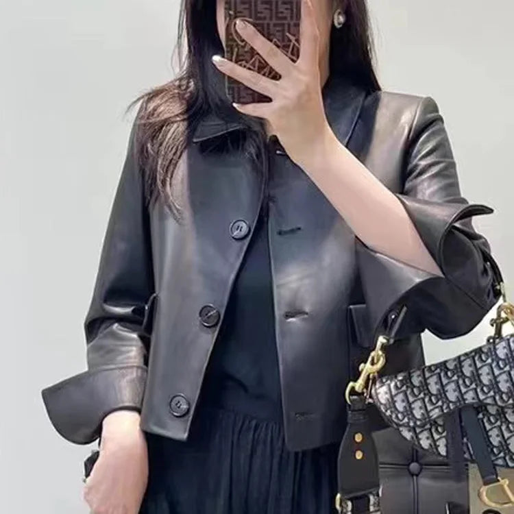 Women Genuine Leather Jacket 2025 Winter Female Square Collar Pocket Single-Breasted Slim Short Coat Mujer Outwear Blazer Kurtki