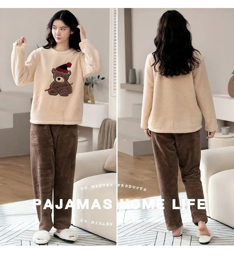 Thickened Warm Large Size Padded Fall and Winter Women's Pajamas Top and Pants Set Coral Velvet Ladies Cartoon Bear 2PCS/Set