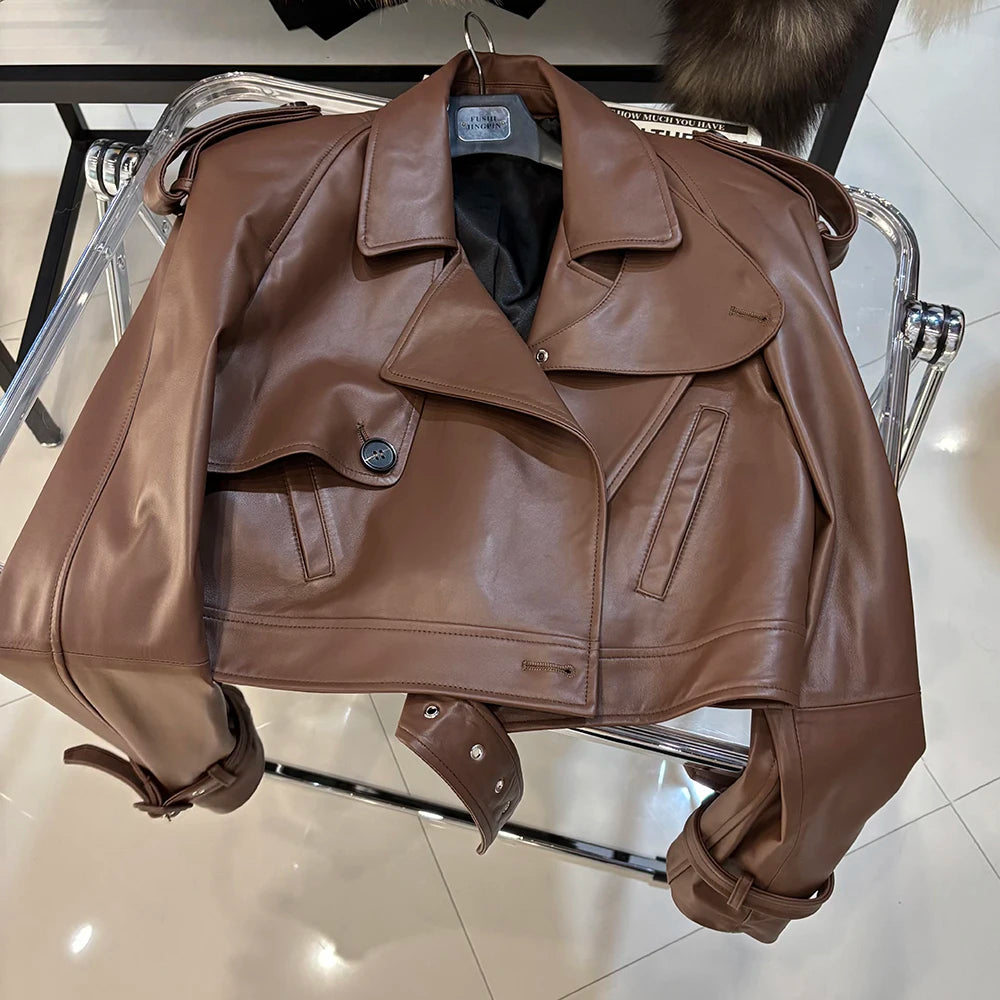 YOLOAgain Women's Real Leather Jacket Sheepskin Coat