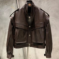 Grained Leather Jacket Ladies Biker Leather Coat Detachable Sleeve Bomber in Sheepskin H021