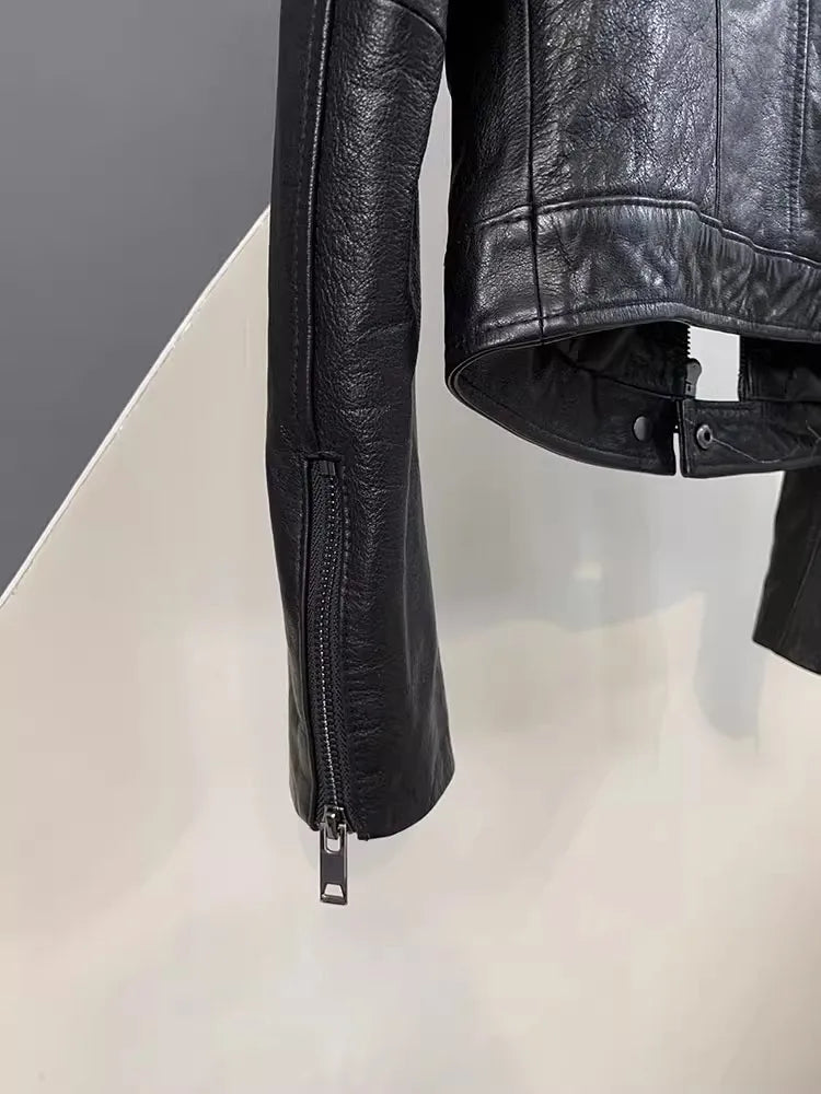 Autumn Fashion Genuine Leather Women Short Jacket Stand Collar Zipper Coat Top Work Lady Slim Fit Jackets Casual Black Outerwear