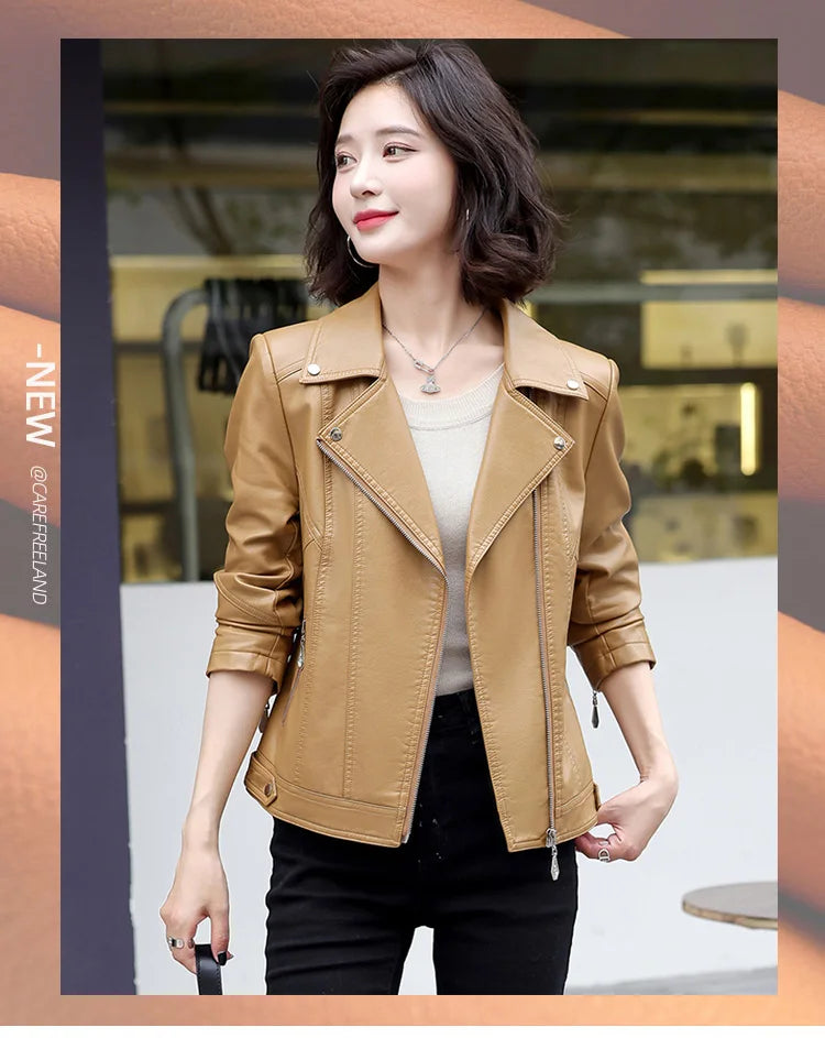 New Women Spring Autumn Leather Jacket Fashion Suit Collar Long Sleeve Motorcycle Jacket Casual Short Biker Coat Split Leather