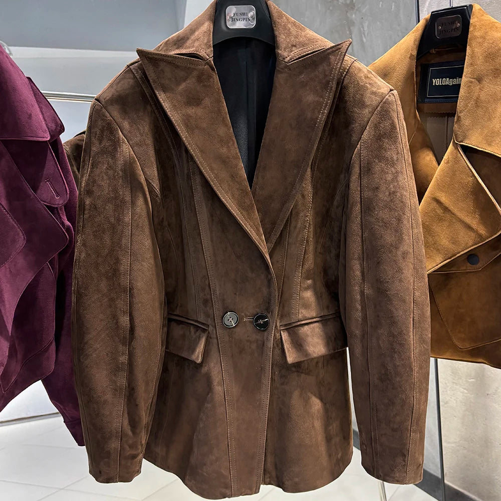 YOLOAgain Vintage Suede Blazer Jacket Women Double Breasted Lapel Dark Brown Genuine Sheepskin Leather Jacket Coat Female