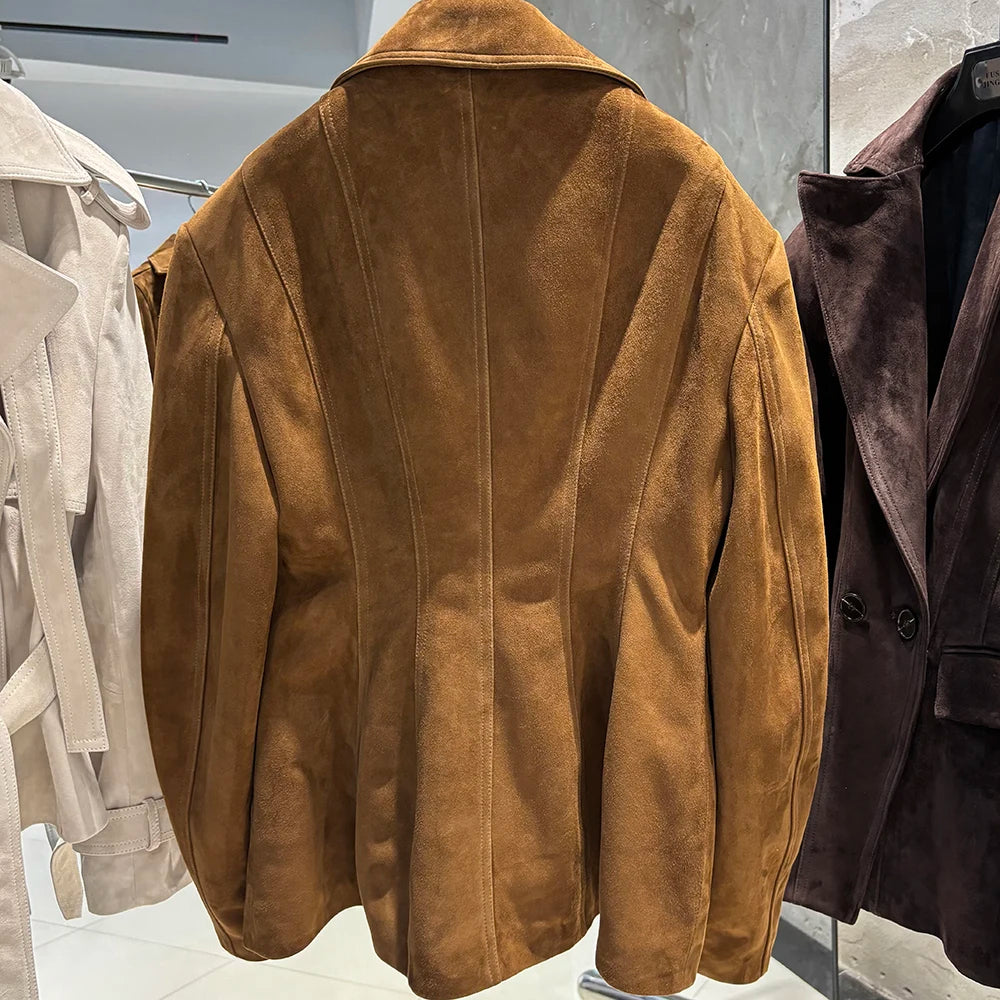 YOLOAgain Vintage Suede Blazer Jacket Women Double Breasted Lapel Dark Brown Genuine Sheepskin Leather Jacket Coat Female