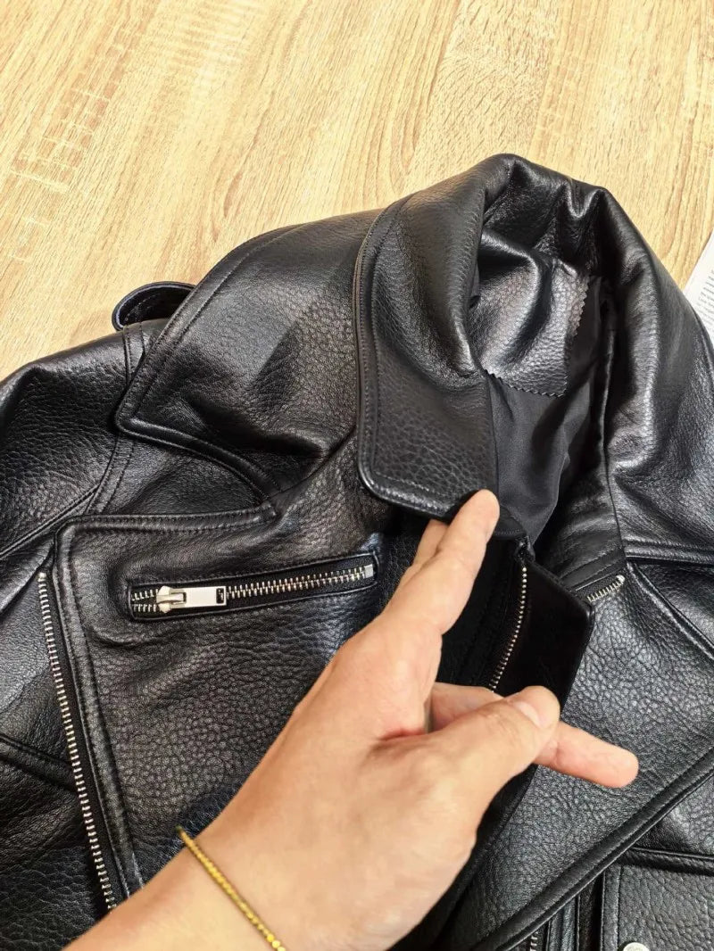 Punk Women Vintage Genuine Leather Jacket Lapel Streetwear Motorcycle Short Coat Loose Fit High Quality Real Sheepskin Outerwear