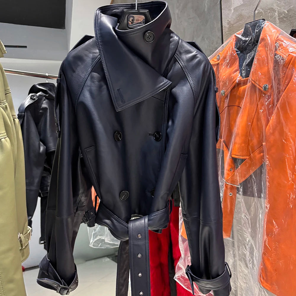 YOLOAgain Funnel Neck Real Leather Jacket Women Double Breasted Suede Jacket With Belt Streetwear