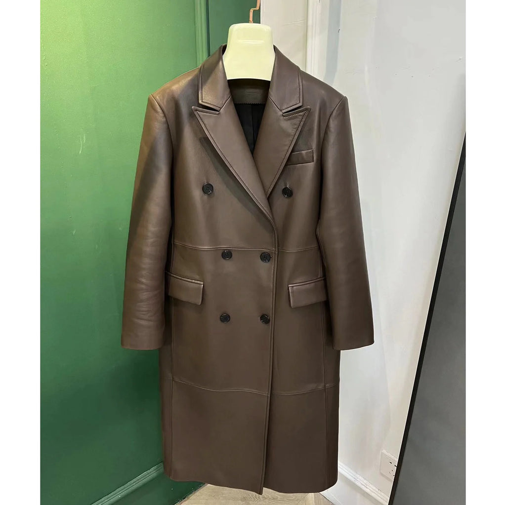 LUXURY Leather Outer Garment Women 2026 Suit Collar Double-Breasted Black Coffee Long Coat Women Streetwear Gabardina de Mujer