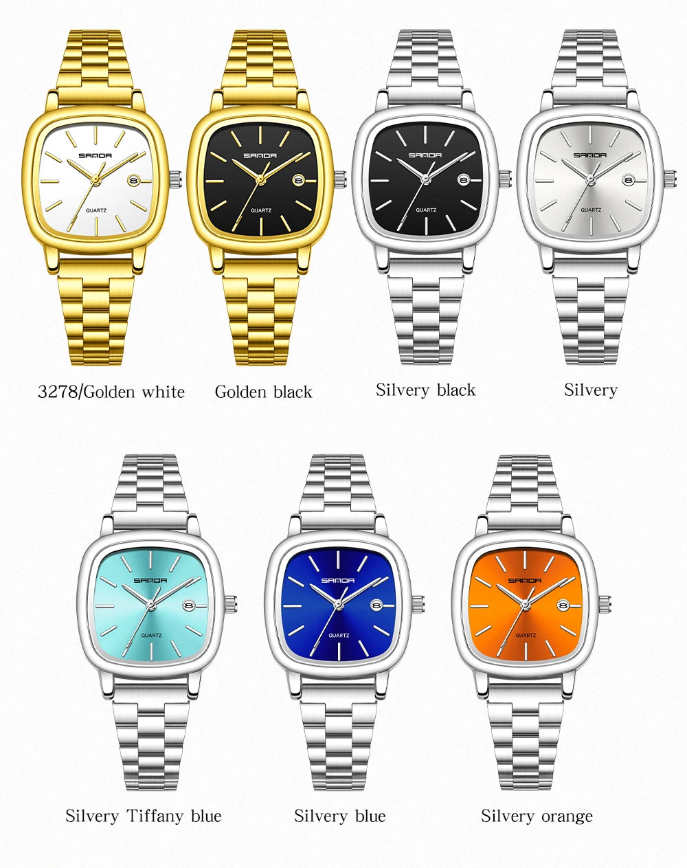 Sanda 2026 Couple Quartz Watch Men's and Women's Square Watch 3ATM Waterproof Calendar Simple and Elegant Women's Watch 3278