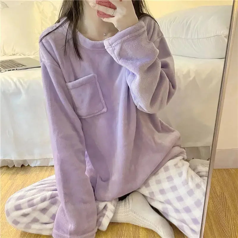 CHUANGERM Women's Casual Winter Fleece Pajamas Set, Thick Warm Soft Plaid Top And Pants Home Suit Pyjamas